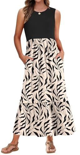 PLMOKEN Sommerkleider Damen Strandkleid Maxikleid - Lang Freizeitkleid Ärmellos leicht und luftig Leicht und Luftig Rundhals Geblümtes Tank Top Kleid