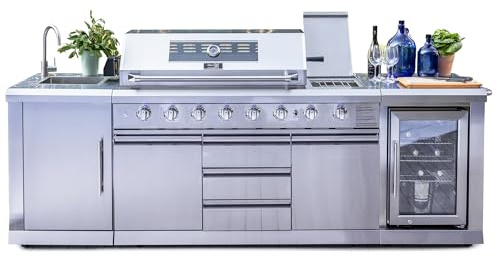 Ondis24 Outdoor-Küche Outdoor-Küche Gasgrill Kühlschrank Spülbecken Edelstahl Innenbeleuchtung 4 Brenner Außenkochfeld Kreamik Backburner Drehspieß