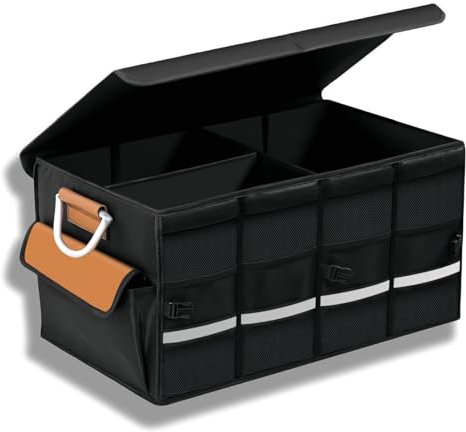 Car Boot Organiser Storage, 66L Collapsible Multi Compartment Car Organiser, Camping Storage Cars Accessories with Foldable Cover and & Strong Handle & Reflective Strip, Cars Boot Tidy for Storages