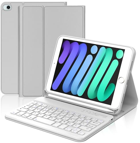 WAVATA Tastatur für iPad mini 5/4/3/2/1, Hülle Tastatur für iPad mini 5/4 2019/2015 Magnetische Abnehmbare Bluetooth QWERTZ Layout, Hellgrau