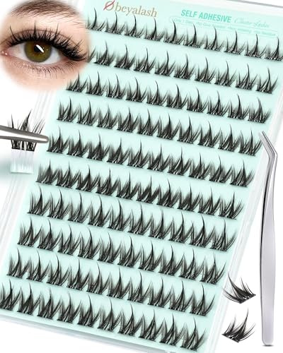 Obeyalash Manga ögonfransar, självhäftande ögonfransförlängningsset med pincett, 10 mm, 12 mm, 14 mm, tryck på fransar, självhäftande spiky lash kluster, utan lim för gör-det-själv 3 sekunder att