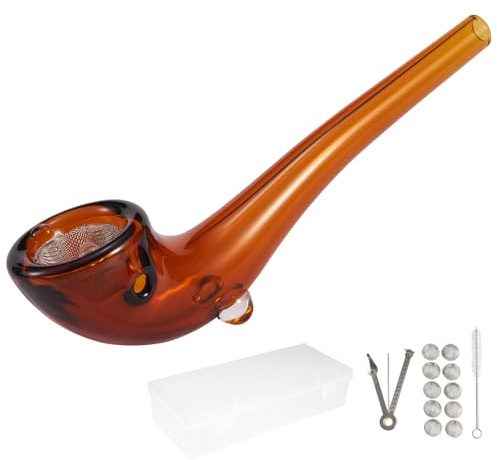 WANNTO Glass Smoking Pipe – Long Curved Borosilicate Pipe with Filter Hooks, 3-in-1 Tool, Cleaning Brush, 10 Screens and Plastic Storage Case – Portable Smoking Accessory (Brown)