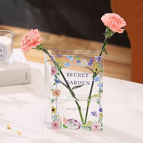 KRYSTHIA Book Vase, Book Vase for Flowers, Acrylic Book Shaped Vases for Tulips, Unique Vases for Home Decor, Modern Book Lover Gift for Office, Living Room, Bedroom, Bookshelf, Dining Table