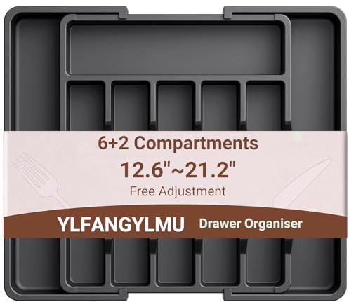 YLFANGYLMU Cutlery Drawer Organiser - Expandable Kitchen Drawer Storage Organiser, Adjustable Cutlery Tray, Multipurpose Utensil Organisation for Forks, Knives, Black