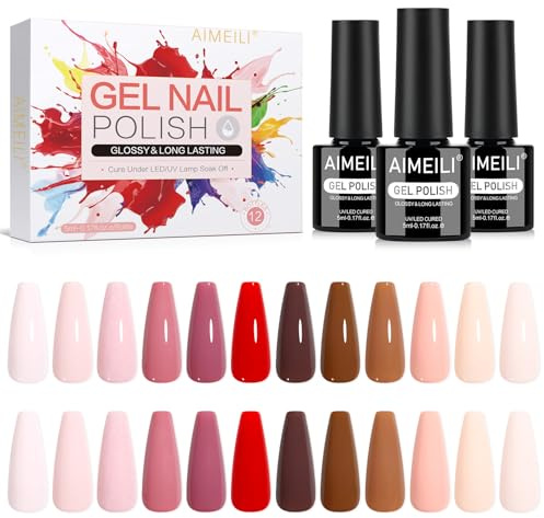 AIMEILI UV Nagellack Set Herbst Braun Rosa Lila UV LED Soak Off Color Gel Set 5ml 12 Farben Nail Art Nageldesign Kit 12-42 | Soak Off Gel Nail Polish für Frühling Sommer Herbst Winter, Home Nagelstudio DIY Nail Art, Perfekt für Deinen Alltag