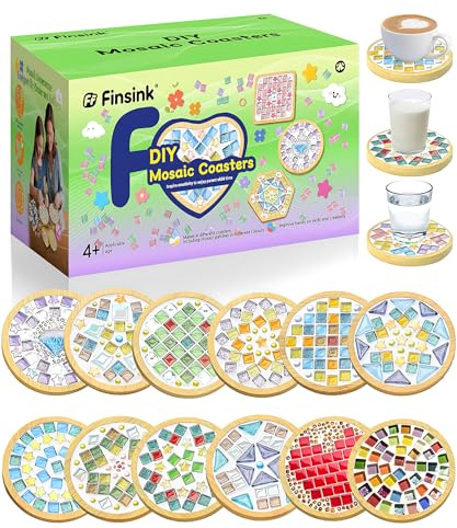Finsink Mosaik bastelset kinder 12pcs mosaik untersetzer bastelset diy holz untersetzer Set Mosaiksteine zum basteln set Geburtstagsgeschenke für Kinder