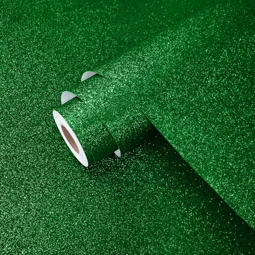 Yullpaper Selbstklebende Tapete Grün Klebefolie für Möbel Arbeitsplatte Schrankfolie Glitzer Tapete Schlafzimmer Kinderzimmer Glitzerfolie Selbstklebend Möbelfolie Grün Klebetapete 40cm x 200cm