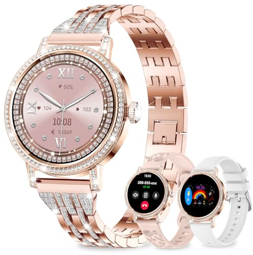 fitonyo Smart Watches for Women with Diamond,1.27 HD Smart Watch Bluetooth Calls(Answer&Make),3 Bands,24/7 HR/SpO2/BP/Sleep/Steps/Calories,IP68 120+ Sports Fitness Tracker Android&iOS Rosegold