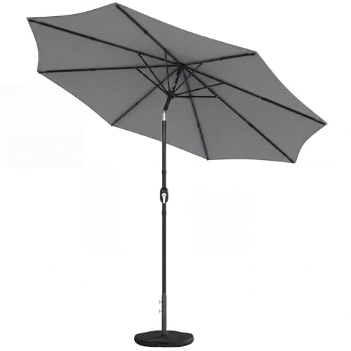 Outsunny 2.7 m Garden Parasol Umbrella with Cross Base and Sandbag, Retractable Ribs, Outdoor Table Market Patio Umbrella Sun Shade with 30 Degree Tilt and Crank, Vent, Light Grey