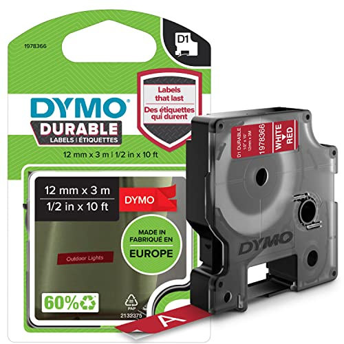 DYMO Original D1 Hochleistungs-Etikettenband | weiß auf rot | 12 mm x 3 m | permanent haftendes Vinyl-Schriftband | für LabelManager-Beschriftungsgerät