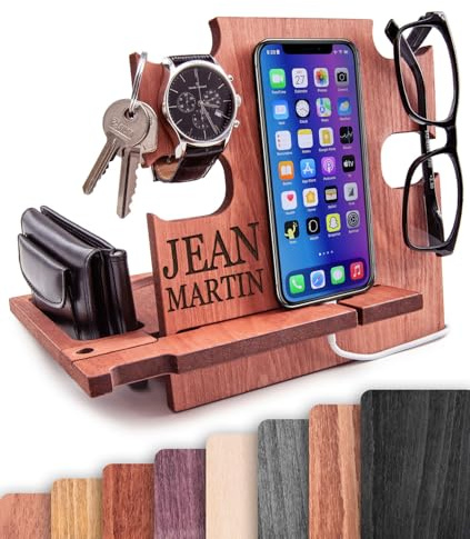 Docking Station in Legno Personalizzata – Regalo San Valentino Uomo, Organizzatore Comodino per Smartphone, Portafoglio e Orologio – Idea Regalo Fidanzato, Marito