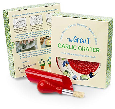 Garlic Grater Plate Set with Brush and Peeler. (#Ref 17). Handmade and Hand Painted in Cordoba, Spain. White with red Rim, Wild Flowers.