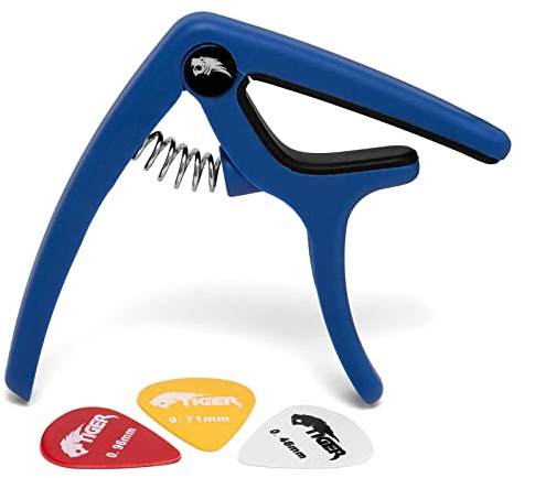 TIGER GACAPO9-BL Schnellspanner Gitarren-Triggercapo für Akustik- und Elektro Gitarren - Blau - | Für Akustik- und E-Gitarren, schnelle Einhandbedienung, stabiler Halt und präziser Druck