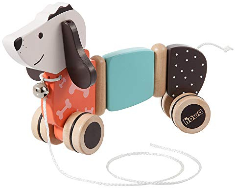 howa Nachziehtier ab 1 Jahr - Nachziehspielzeug Hund Fidi aus Holz, Nachziehhund mit Glocke, bodenschonende Gummibereifung, Holzspielzeug Nachziehtier Hund , Baby Spielzeug 6015