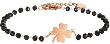 pengjin Bracciale con ciondolo a quadrifoglio portafortuna, in acciaio inox, con perline nere, semplice braccialetto portafortuna