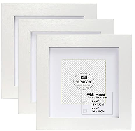 6×6(15 x 15cm) White Square Photo Frames With Mount for 4 x 4'' Set Of 3, 4 x 4'' (10 x 10cm) Garllery Picture Frames with perspex front & delicate Wooden grain texture For Wallmounted & DeskTop