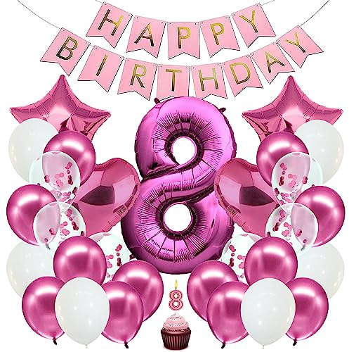 envami® Geburtstagsdeko Mädchen Pink Zahl 8. Deko Mädchen Folienballon 8 Luftballon 8. Kindergeburtstag Deko 8.