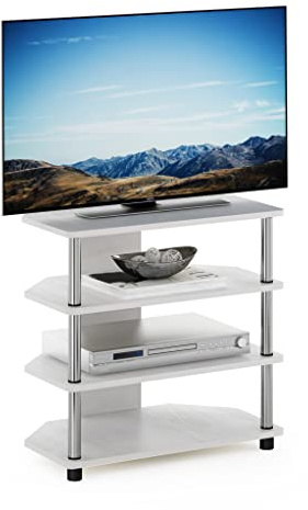 Furinno Econ Easy Assembly 4-Tier Petite TV-Ständer, weiße Eiche, Edelstahlrohre