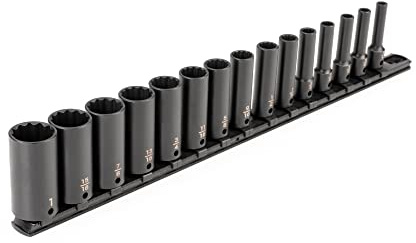 TEKTON 3/8 Antrieb, tief, 12-Kant Schlag-Steckschlüsselsatz, 15-teilig (1/4-1) - Schienen | SID91113 | (0.6 cm-2.5 cm ), tief, 12-kant, Steckschiene