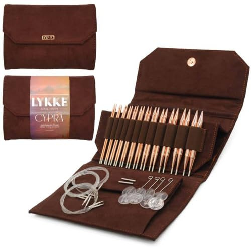 LYKKE Austauschbares Rundstricknadel-Set, 12,7 cm Spitzen, Cypra Copper Brown, veganes Wildleder – braunes veganes Wildleder