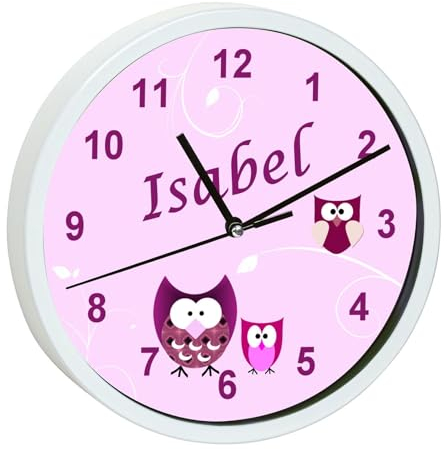 CreaDesign, Wanduhr Kinder personalisiert mit Name, Motiv Eule rosa, Rahmen Wanduhr weiß, Ø 19,5 cm