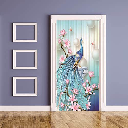 Türtapete Selbstklebend 80X200 Pfauenblau Rosa Türtapete Selbstklebend Türposter,Fototapete Selbstklebend 3D Pvc Türaufkleber Diy Türbild,Türfolie Poster Tapete