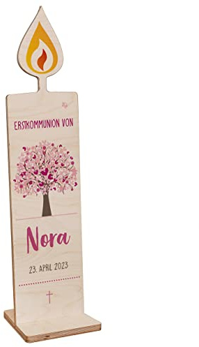 Herz & Heim® Holzaufsteller mit Lebensbaum Motiv, 80 cm,zur Taufe, Kommunion & Co., mit Wunschdaten Rosa
