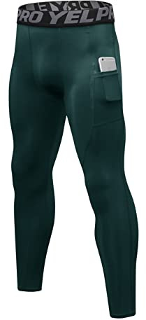 Ruowuhen Herren Kompressionshose mit Taschen, Männer Sport Leggings Laufhosen Schnelltrocknend Fitness Funktionsunterhose Tights Dunkelgrün L