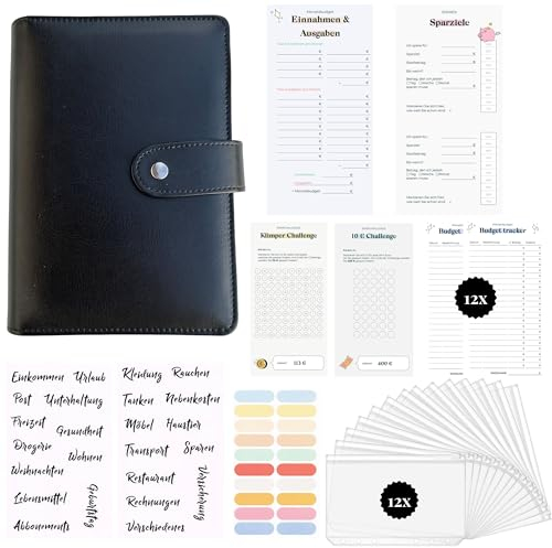 MOSMO Budget Planner Deutsch A6 – PU Leather Finanzplaner, Sparbuch für Geld, Haushalts-Buch zum Eintragen, Geldsparmappe, Budget Binder & Personal Organizer (Schwarz)