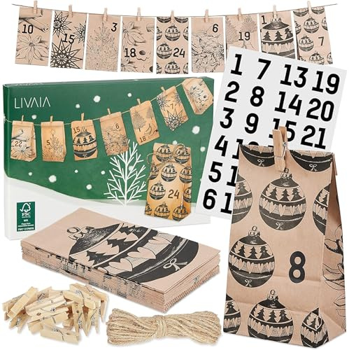 LIVAIA Adventskalender zum Befüllen 2025 - Adventskalender Tüten Set mit 24 Papiertüten, Holzklammern, Aufklebern, Jute Schnur - Weihnachts Adventskalender Basteln - Braun mit Schwarzen Motiven