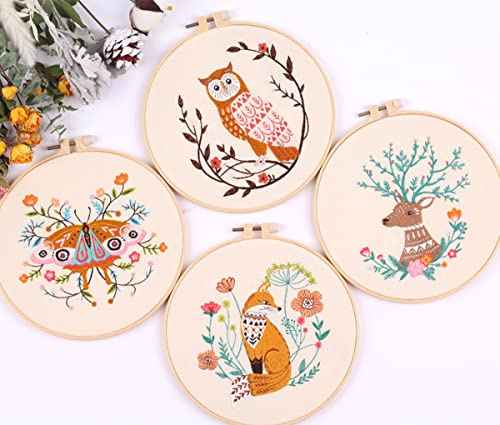 Yutaohui 4-in-1 Animal Embroidery Kit for Beginners – Owl, Deer, Fox & Butterfly Designs with 1 Embroidery Hoop, Thread & Needles – Complete Starter Set for DIY Hand Embroidery & Home Decor.
