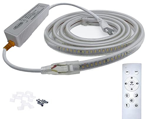 FOLGEMIR 1 mètres Ruban LED dimmable sans scintillement, Blanc Chaud avec télécommande sans fil 2,4G & transformateur protection contre les courts - circuits 220V, 2835 SMD 144 LEDs/m, IP65 étanche