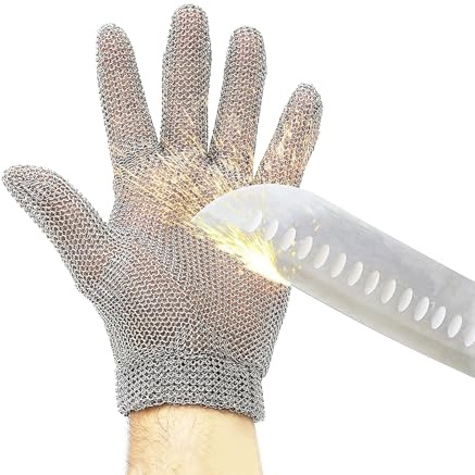RETON-PPE Highest Level Cut Resistant Gloves Food Grade,Chainmail Gloves for Cutting Meat&Food,Spring Wristband,Stainless Steel Mesh Metal Glove,Safety Work Cut Proof Glove for Chef/Butcher(L)