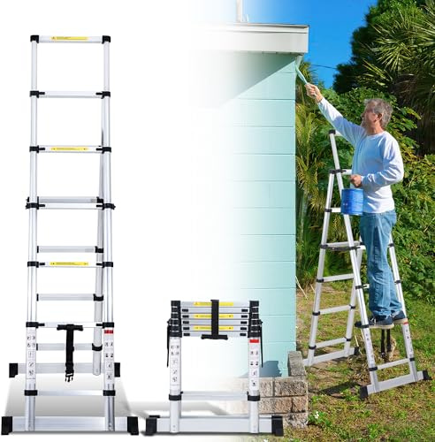 Joparri Aluminium Teleskopleiter Klappleiter 1.7m+2.0m A-Rahmen 5 + 6 Stufen, Ausziehleiter für Dachreparaturen, gefaltete Größe 65cm, 150 kg Tragfähigkeit