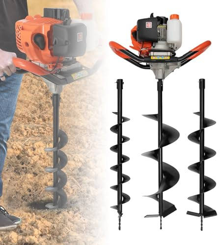 Tarière à essence 2 temps 52 cc 1,7 kW avec 3 forets de diamètre (4, 6 et 8) - Profondeur de perçage : 80 cm - Grande capacité de puissance : 1,7 kW - Équipement de sécurité