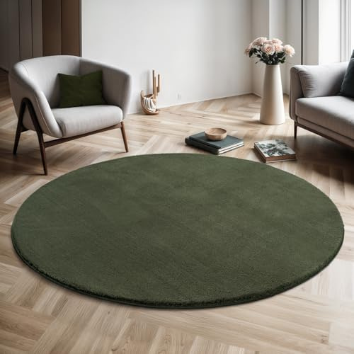 the carpet Relax – Superweiches Badezimmerteppich, Flauschige Badematte in Felloptik, rutschfest & Waschbar (30°C), Ultra Soft Badvorleger Anti-Rutsch für Bad & WC, Dunkelgrün, 120 x 120 cm Rund
