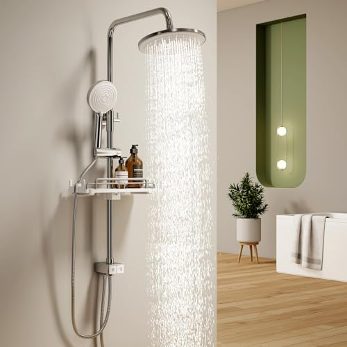 S'AFIELINA Duschsystem Regendusche Duscharmatur Komplettset mit Ablage, 3 Strahlarten Handbrause, Chrom Regendusche ohne Armatur, Duschset Schlauch aus Edelstahl, Überkopfbrause Runde