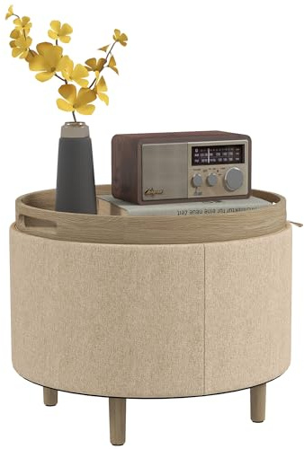 HOMCOM Pouf Rond Repose-Pieds Tabouret avec Coffre de Rangement, Plateau réversible, Meuble 3 en 1, revêtement en Tissu Bouclette, Pied en Bois Massif, Beige