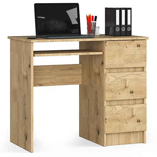 Home Collective Computertisch Bürotisch mit ausziehbarer Tastaturablage, Schreibtisch Laminatplatte mit ABS-Kante, mit 3 Schubladen rechts, 90 x 50 x 77 cm, Artisan Eiche