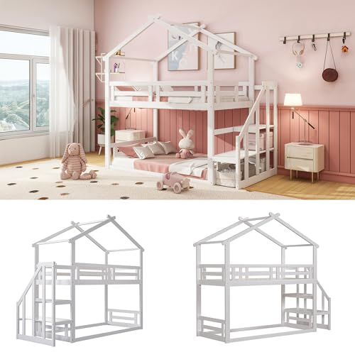 kubeier Hausbett Kinderbett mit Sicherheitstreppe und Fallschutz, Etagenbett 2 Kinder 90 x 200cm, Hochbett Stockbett Jugendbett geeignet für Jungen und Mädchen, ohne matratze
