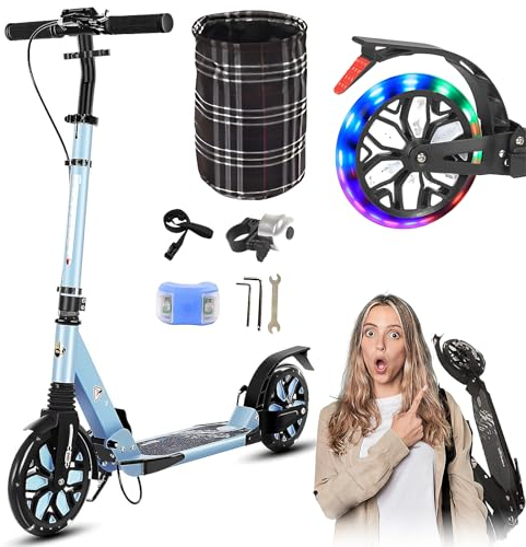 GHBXJX City Roller für Erwachsene klappbar LED 200mm Big Wheel Scooter, Cityroller mit Handbremse, Tretroller Kinder ab 8 Jahre Mädchen Jungen Teenager, Kickscooter Kinder Scooter,Blau