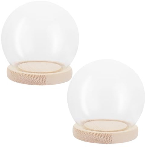 SHUESS 2 campane in vetro con fondo in legno, 12 cm di altezza, cupola in vetro trasparente, per luci, decorazioni, accessori per la casa