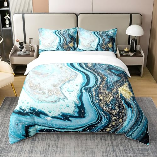 Homemissing Parure de lit en marbre Bleu Housse de Couette 200x200cm 100% Coton Parure imprimée en marbre Housse de Couette pour Enfants Literie de Luxe Moderne Teal Galaxie Art Gold Respirant