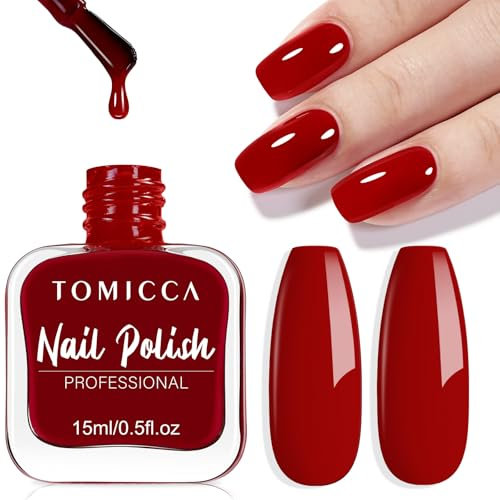 TOMICCA Nail Polish, Quick Drying Shine Cherry Red Nail Varnish, Shiny Red Nail Polish No UV Needed, Long Lasting Chip Resistant for DIY Manicure Decorations, 15ml