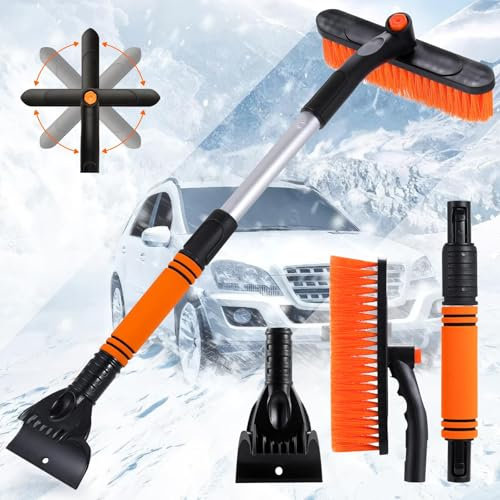 ZQEJEFD Grattoir à Glace et Brosse à Neige 2 en 1, Grattoir à Glace de Voiture avec Balai, Brosse Grattoir Pare Brise Détachable Extensible avec Tête Rotative à 360 Degrés pour Voiture SUV Camion