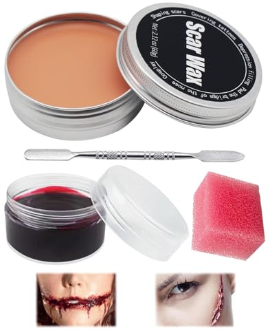 Horuili® Halloween Make Up Set, Scar Wax+Kunstblut für Haut+Doppelschaber, Halloween Spezialeffekte Make-up Kit, Falsche Wunden Schminken für Halloween Zombie Vampir Narben, Wunden (color - 2)