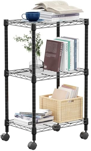 MZG Hylla med 3 hyllplan metallförvaringshyllor trådställ garderob organisatörer med hjul för garage kök badrum tvätt svart 30 cm D x 45 cm B x 75 cm H