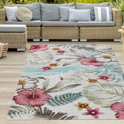 Teppich-Traum In-und Outdoor Teppich Esszimmer Garten wetterbeständig pflegeleicht florales Design Outdoor geeignet türkis bunt 240 x 340 cm