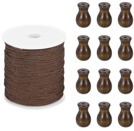 sourcing map Braided Lift Shade Cord, 1.8 mm 110 Yards/Roll Nylon Cord String with 20Pcs Wood Blind Pull Cord Knobs for Roman Blind Shade Rollers Repair Curtain Craft DIY (Brown)