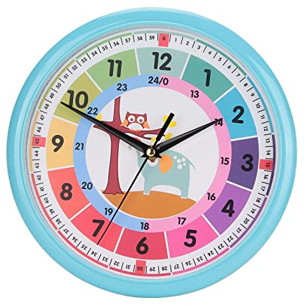 lvifloae Orologio da classe Orologio da parete carino Cartone animato in plastica Quarzo colorato Apprendimento del tempo Orologio da appendere per camera da letto per bambini (Blu)